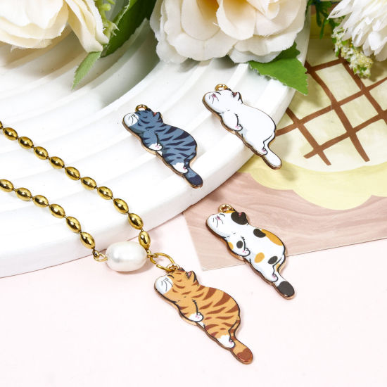 Image de 20 Pcs Pendentifs en Alliage de Zinc Doré Multicolore Chat Émail 3.5cm x 1.3cm