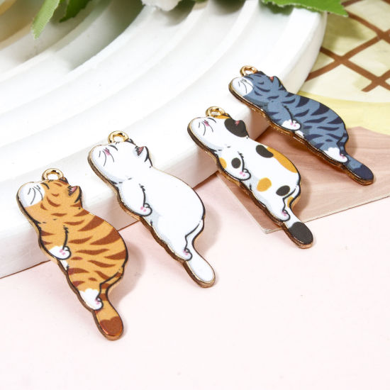 Image de 20 Pcs Pendentifs en Alliage de Zinc Doré Multicolore Chat Émail 3.5cm x 1.3cm