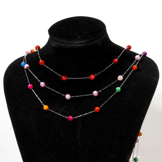 Picture of 304 Stainless Steel & Natural Shell Beaded Chain For Handmade DIY Jewelry Making Findings Round Silver Tone
