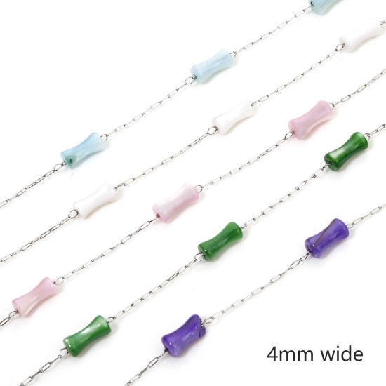 Imagen de 5 M (Aprox 5 M/Rollo) 304 Acero Inoxidable & Concha Naturales Cadena de Cuentas Para Accesorios Hechos a Mano para Hacer Joyas De forma Bambú Tono de Plata 4mm