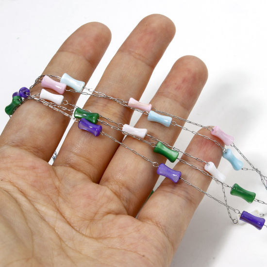 Imagen de 5 M (Aprox 5 M/Rollo) 304 Acero Inoxidable & Concha Naturales Cadena de Cuentas Para Accesorios Hechos a Mano para Hacer Joyas De forma Bambú Tono de Plata 4mm