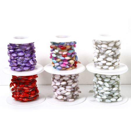 304 Stainless Steel & Natural Shell Beaded Chain For Handmade DIY Jewelry Making Findings Rice Grain Silver Tone 4mm