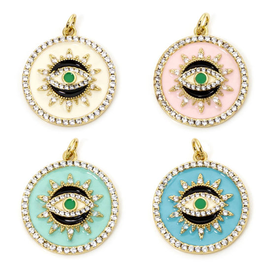 Picture of Eco-friendly Brass Religious Charms 18K Real Gold Plated Multicolor Round Eye of Providence/ All-seeing Eye Enamel Clear Cubic Zirconia 26mm x 21mm