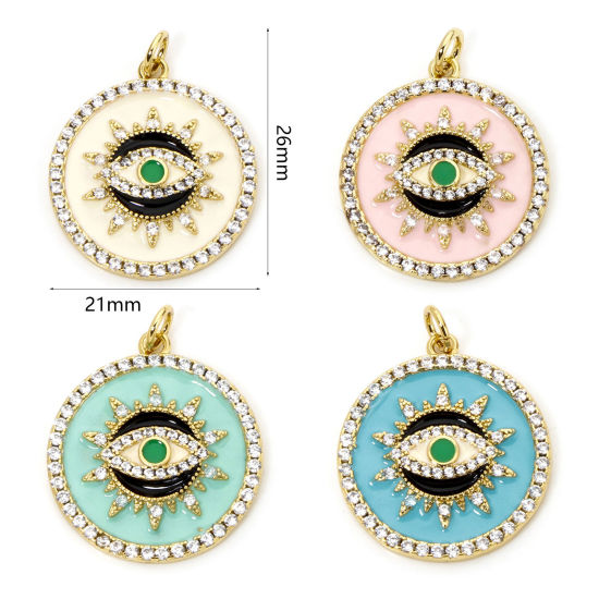 Picture of Eco-friendly Brass Religious Charms 18K Real Gold Plated Multicolor Round Eye of Providence/ All-seeing Eye Enamel Clear Cubic Zirconia 26mm x 21mm