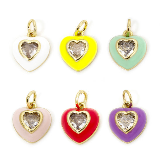 Imagen de 1 Unidad Respetuoso del Medio Ambiente Latón día de San Valentín Colgantes Corazón 18K Oro Real Chapado Multicolor Esmalte Claro Circón Artificial 15mm x 10.5mm