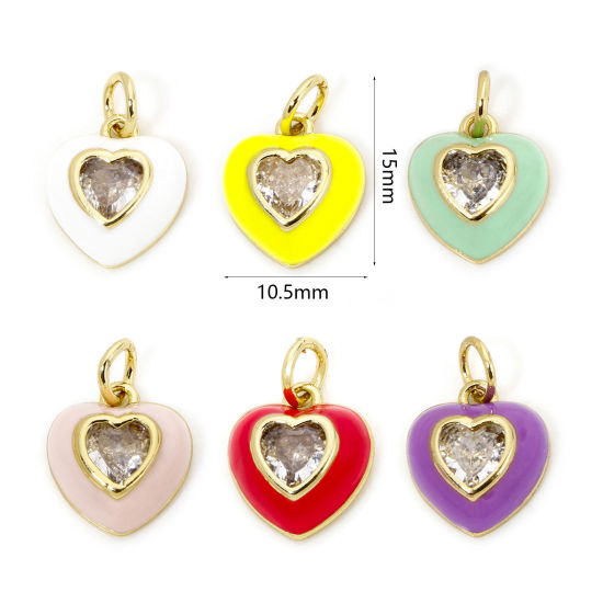 Imagen de 1 Unidad Respetuoso del Medio Ambiente Latón día de San Valentín Colgantes Corazón 18K Oro Real Chapado Multicolor Esmalte Claro Circón Artificial 15mm x 10.5mm