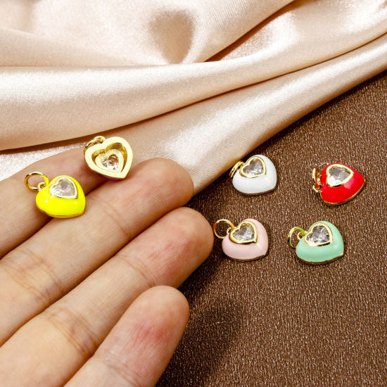 Imagen de 1 Unidad Respetuoso del Medio Ambiente Latón día de San Valentín Colgantes Corazón 18K Oro Real Chapado Multicolor Esmalte Claro Circón Artificial 15mm x 10.5mm