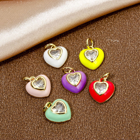 Imagen de 1 Unidad Respetuoso del Medio Ambiente Latón día de San Valentín Colgantes Corazón 18K Oro Real Chapado Multicolor Esmalte Claro Circón Artificial 15mm x 10.5mm
