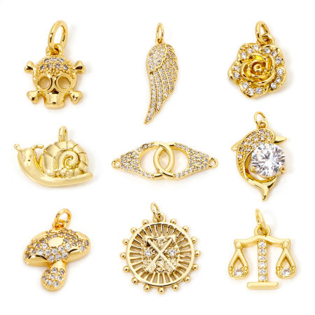 Picture of Eco-friendly Brass Charms 18K Real Gold Plated Mushroom Wing Micro Pave Clear Cubic Zirconia