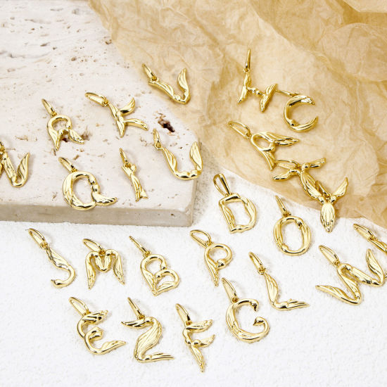 Picture of Eco-friendly Brass Charms 18K Real Gold Plated Capital Alphabet Initial Letter Wing Message " A-Z "