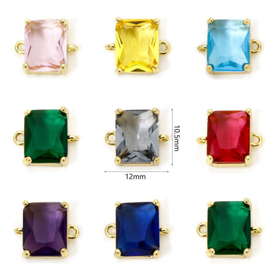 Bild von Umweltfreundlich Messing und Glas Steckverbinder Charms Anhänger Rechteck 18K Echtgold plattiert Bunt Strass 12mm x 10.5mm