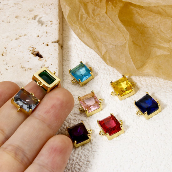 Bild von Umweltfreundlich Messing und Glas Steckverbinder Charms Anhänger Rechteck 18K Echtgold plattiert Bunt Strass 12mm x 10.5mm