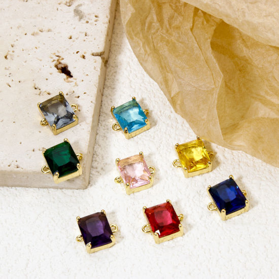 Bild von Umweltfreundlich Messing und Glas Steckverbinder Charms Anhänger Rechteck 18K Echtgold plattiert Bunt Strass 12mm x 10.5mm