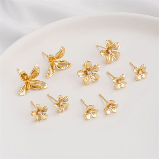 Picture of Eco-friendly Stylish 14K Real Gold Plated Brass & Sterling Silver Flower Ear Post Stud Earrings For Women