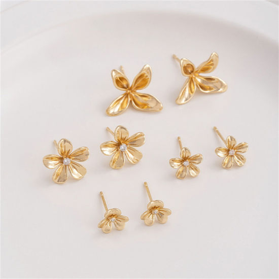 Picture of Eco-friendly Stylish 14K Real Gold Plated Brass & Sterling Silver Flower Ear Post Stud Earrings For Women