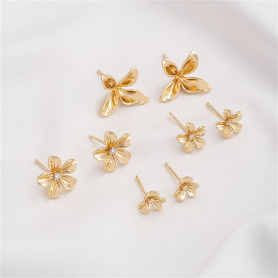 Picture of Eco-friendly Stylish 14K Real Gold Plated Brass & Sterling Silver Flower Ear Post Stud Earrings For Women