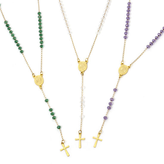 Imagen de 1 Unidad 304 Acero Inoxidable Cadena de Cuentas Collar de Rosario de Cuentas de Oración Chapado en Oro Cruz Virgen María 55cm longitud