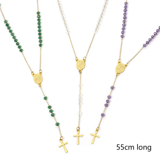 Imagen de 1 Unidad 304 Acero Inoxidable Cadena de Cuentas Collar de Rosario de Cuentas de Oración Chapado en Oro Cruz Virgen María 55cm longitud