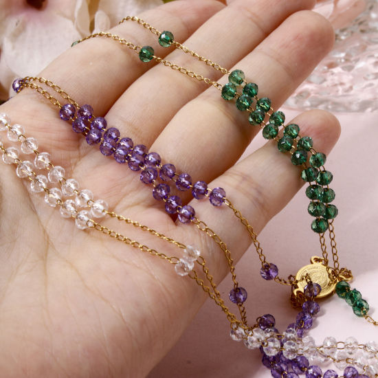 Imagen de 1 Unidad 304 Acero Inoxidable Cadena de Cuentas Collar de Rosario de Cuentas de Oración Chapado en Oro Cruz Virgen María 55cm longitud