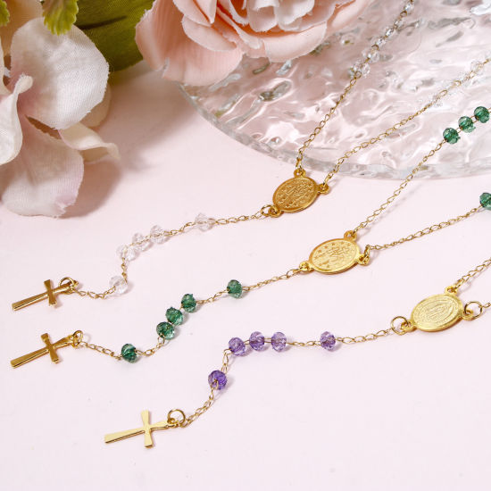 Imagen de 1 Unidad 304 Acero Inoxidable Cadena de Cuentas Collar de Rosario de Cuentas de Oración Chapado en Oro Cruz Virgen María 55cm longitud