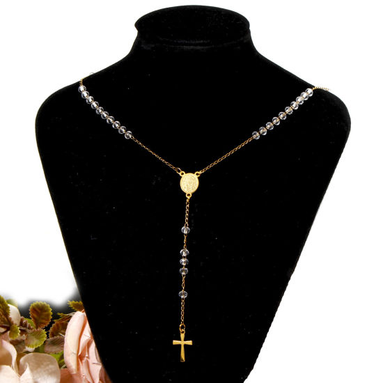 Imagen de 1 Unidad 304 Acero Inoxidable Cadena de Cuentas Collar de Rosario de Cuentas de Oración Chapado en Oro Cruz Virgen María 55cm longitud