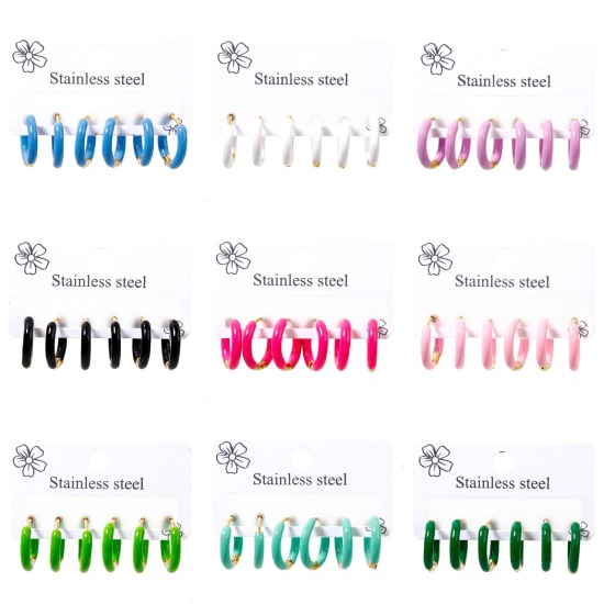 Imagen de 1 Juego 304 Acero Inoxidable Pendientes Set Chapado en Oro de 18K Óvalo Esmalte 17.5mm x 16mm