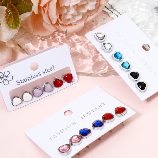 Image de 1 Kit Ensemble de Boucles d'Oreilles en 304 Acier Inoxydable Argent Mat Cœur Émail