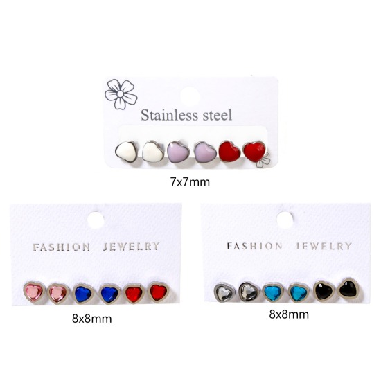 Image de 1 Kit Ensemble de Boucles d'Oreilles en 304 Acier Inoxydable Argent Mat Cœur Émail