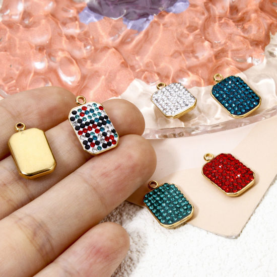 Immagine di 5 Pz Placcatura Sottovuoto Ecologica 304 Acciaio Inossidabile Geometrico Ciondoli Ottagono 18K Vero Oro Placcato Multicolore Strass 17mm x 10mm