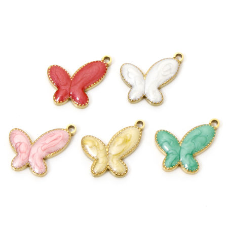 2 個 真空メッキ 304ステンレス鋼 昆虫 チャーム 蝶 金メッキ エナメル 16mm x 15mm、 の画像