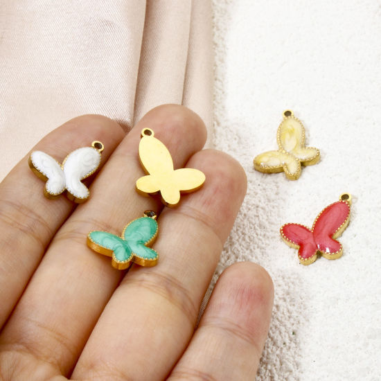 Bild von Vakuumbeschichtung 304 Edelstahl Insekt Charms Schmetterling Vergoldet Emaille 16mm x 15mm