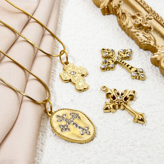 Picture of Eco-friendly Vacuum Plating 304 Stainless Steel Religious Charms Gold Plated Cross Clear Rhinestone