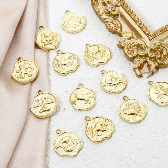 Image de 1 Pièce Breloques en 304 Acier Inoxydable Placage Sous Vide Écologique Rond Doré Constellation