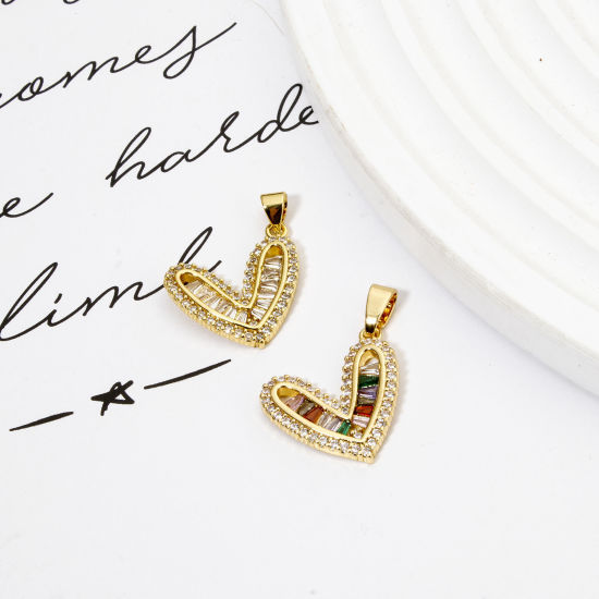 Bild von Umweltfreundlich Messing Valentinstag Charm-Anhänger 18K Echtgold plattiert Herz Micro Pave 25mm x 19.5mm