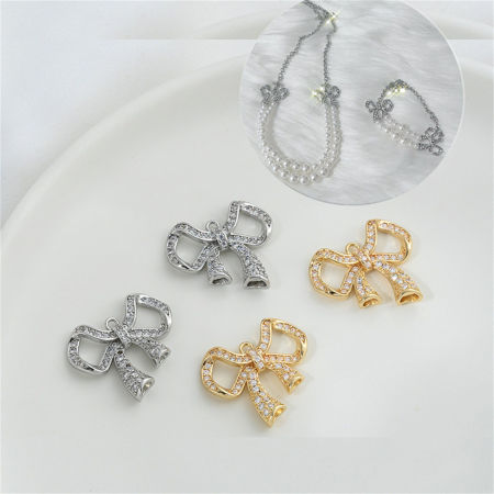 Eco-friendly Brass Clothes Connectors Charms Pendants Bowknot Real Gold Plated Micro Pave Clear Cubic Zirconia 22mm x 19mm