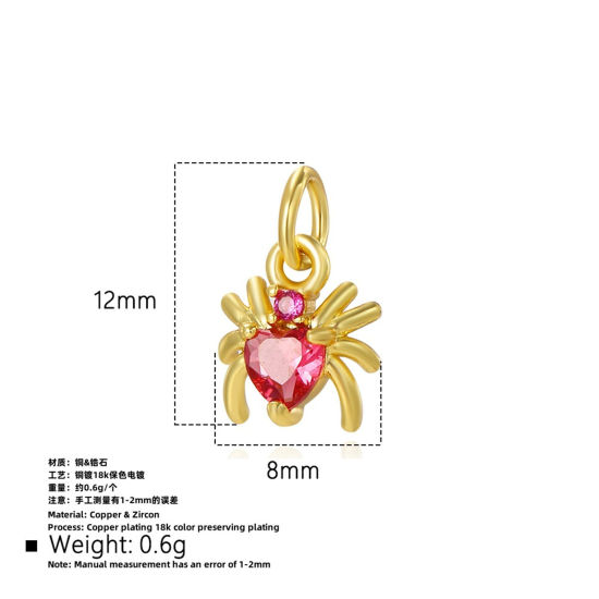 Immagine di 2 Pz Ottone Mini Ciondoli Ragno Placcato Oro 18K Multicolore Strass 12mm x 8mm