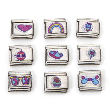 304 Stainless Steel Italian Charm Links For DIY Bracelet Jewelry Making Silver Tone Rectangle 10mm x 9mm