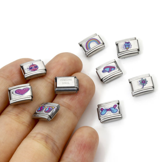 Picture of 304 Stainless Steel Italian Charm Links For DIY Bracelet Jewelry Making Silver Tone Rectangle 10mm x 9mm