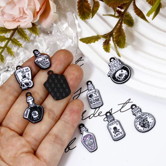 Picture of Zinc Based Alloy Halloween Charms Black Multicolor Bottle Enamel