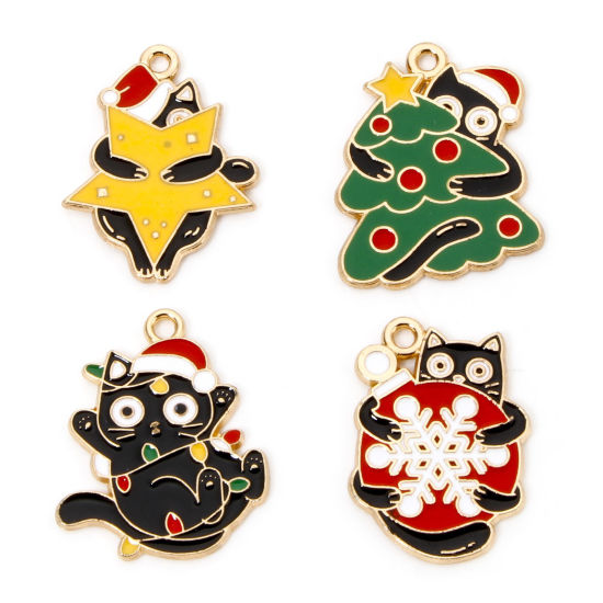 Picture of Zinc Based Alloy Christmas Charms Gold Plated Multicolor Cat Animal Enamel