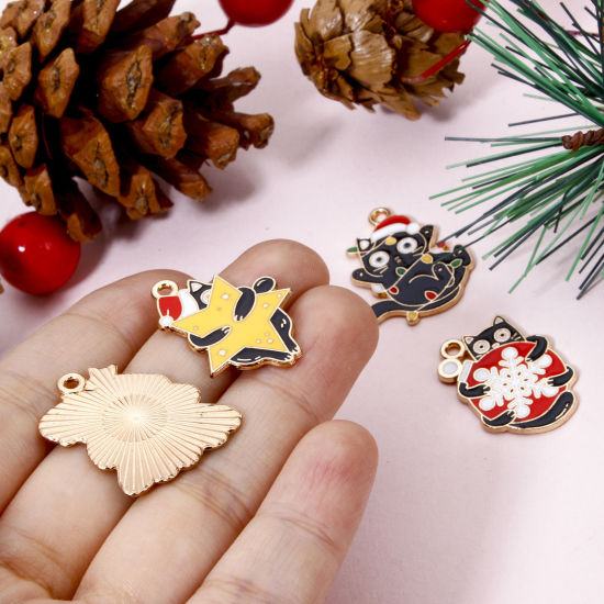 Picture of Zinc Based Alloy Christmas Charms Gold Plated Multicolor Cat Animal Enamel