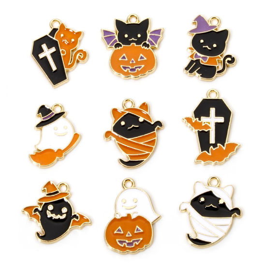 Picture of Zinc Based Alloy Halloween Charms Gold Plated Multicolor Halloween Ghost Cat Enamel