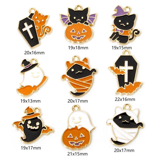 Picture of Zinc Based Alloy Halloween Charms Gold Plated Multicolor Halloween Ghost Cat Enamel