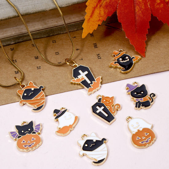 Picture of Zinc Based Alloy Halloween Charms Gold Plated Multicolor Halloween Ghost Cat Enamel