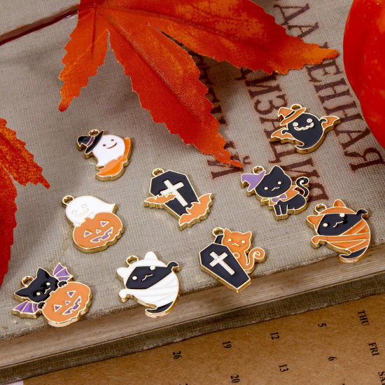 Picture of Zinc Based Alloy Halloween Charms Gold Plated Multicolor Halloween Ghost Cat Enamel