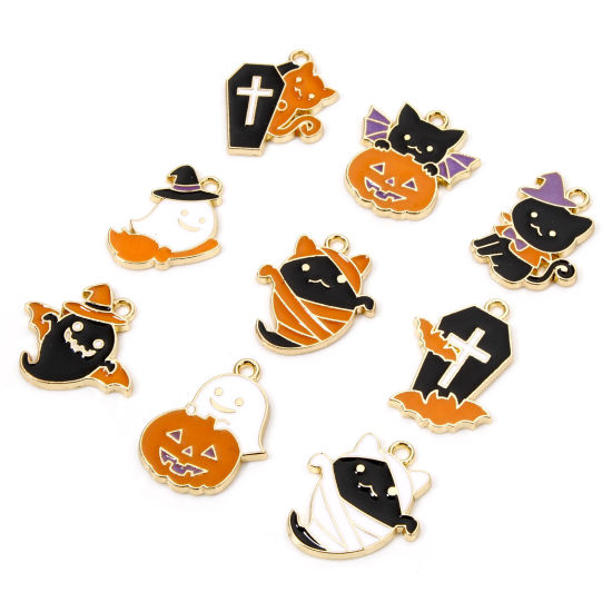 Picture of Zinc Based Alloy Halloween Charms Gold Plated Multicolor Halloween Ghost Cat Enamel