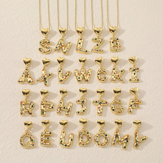 Immagine di 1 Pz Ecologico Ottone Ciondoli Pendenti Lettera Maiuscola 18K Vero Oro Placcato Cuore Multicolore Cubic Zirconiae