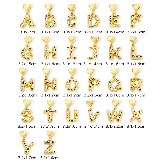 Immagine di 1 Pz Ecologico Ottone Ciondoli Pendenti Lettera Maiuscola 18K Vero Oro Placcato Cuore Multicolore Cubic Zirconiae