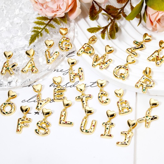 Immagine di 1 Pz Ecologico Ottone Ciondoli Pendenti Lettera Maiuscola 18K Vero Oro Placcato Cuore Multicolore Cubic Zirconiae