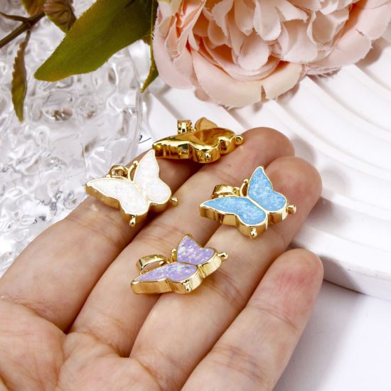 Picture of Brass Charm Pendant 18K Gold Plated Butterfly Animal Imitation Opal